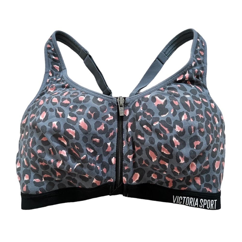 Victoria’s Secret Front-Close Knockout Sports Bra in Gray and Pink Leopard Print